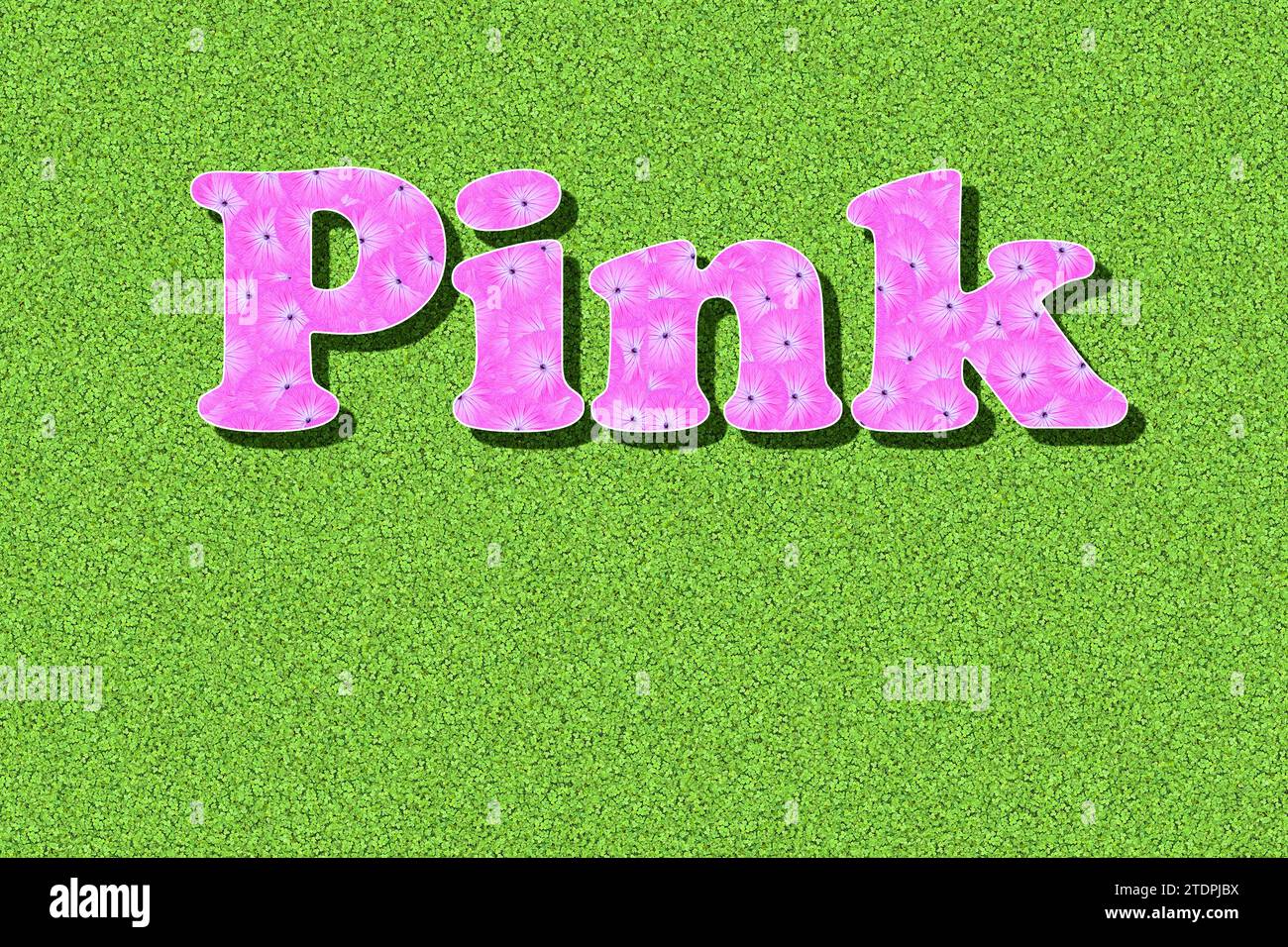 The word pink written with pink flowers, baby colour, on a green background Stock Photo