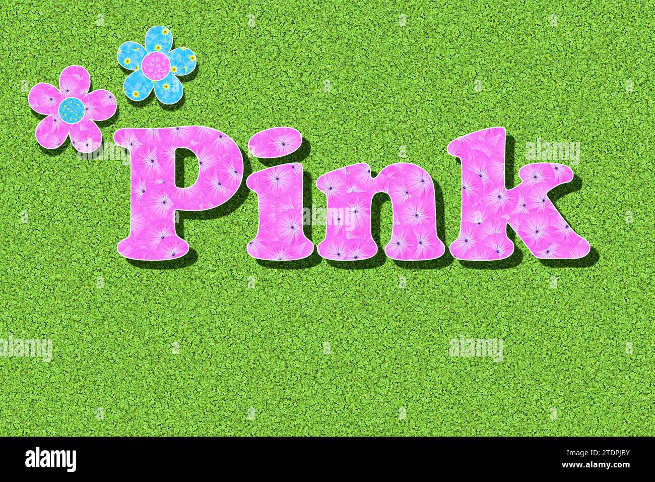 The word pink written with pink flowers, baby colour, on a green background Stock Photo