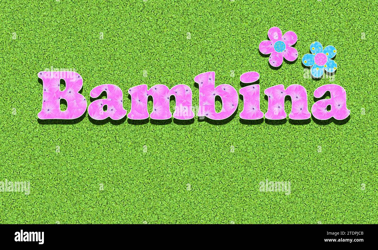 The Italian word Bambina, girl, written with pink flowers, baby colour, on a green background, for baby Stock Photo