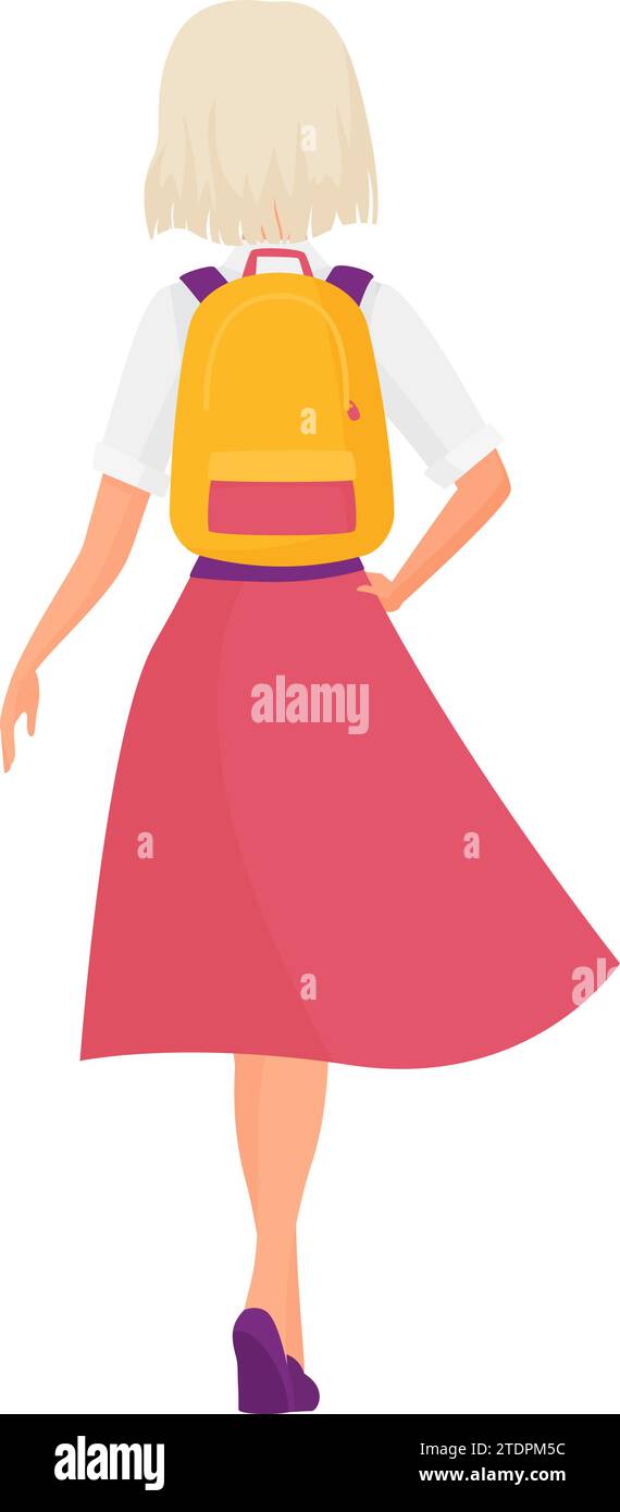 Back view of standing elegant student girl with backpack. Female teenager in red skirt cartoon vector illustration Stock Vector