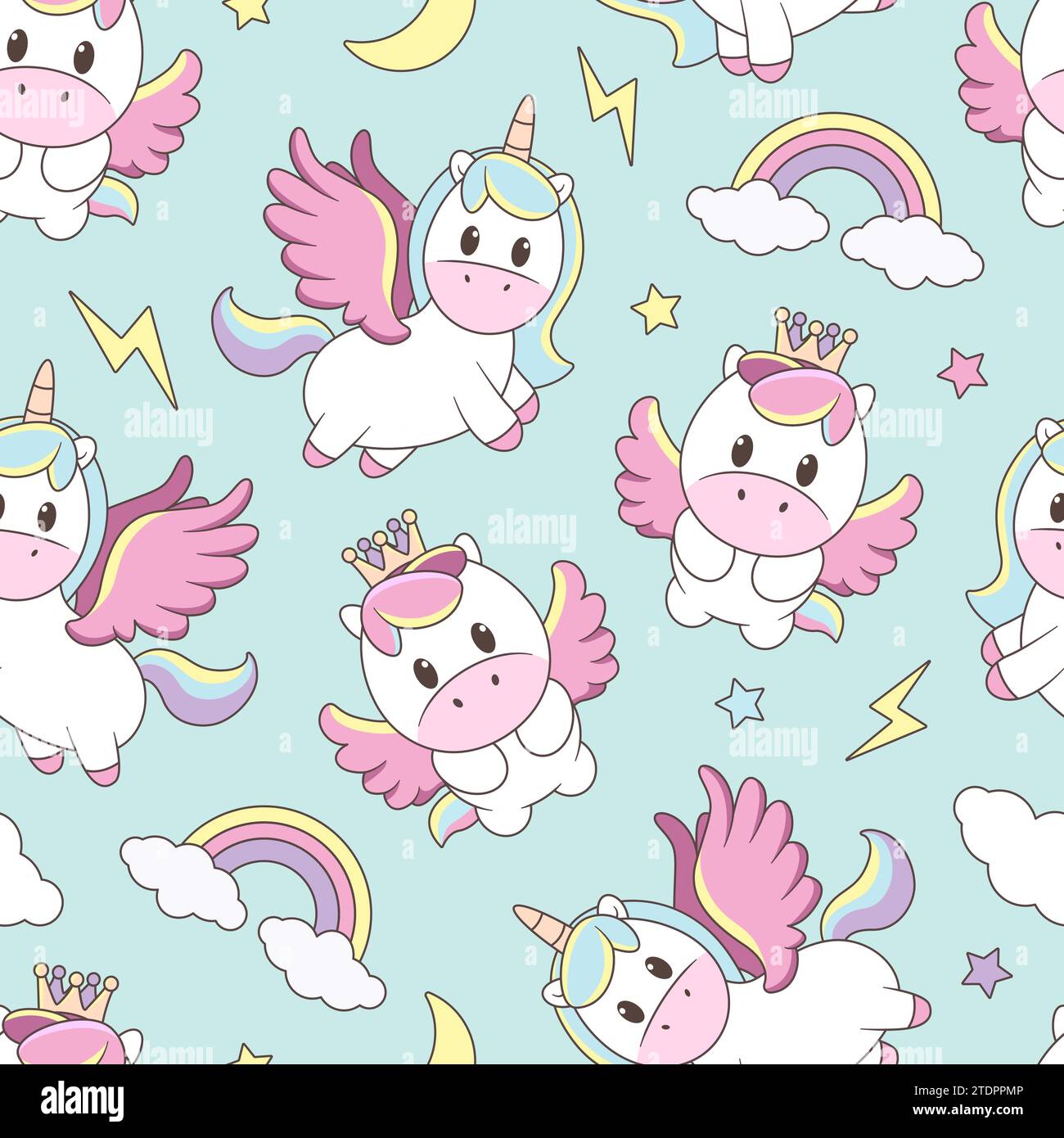 Seamless pattern with unicorns, rainbow, moon, stars. Vector tile Stock Vector
