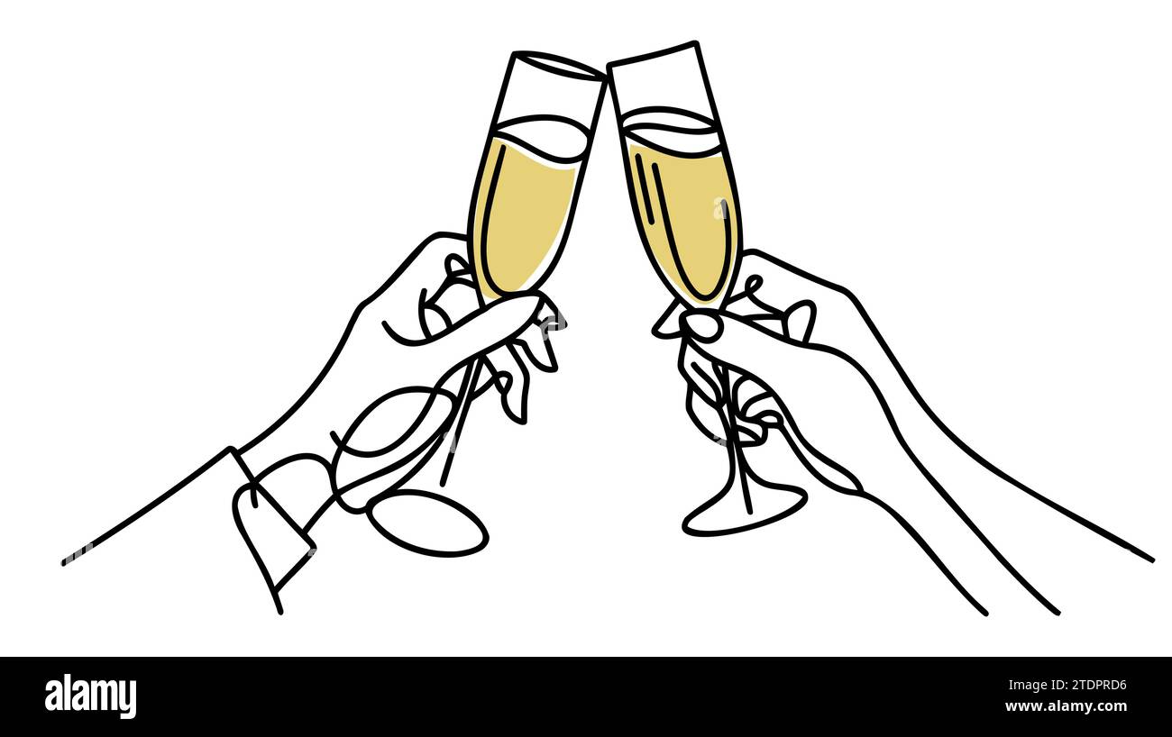 Continuous line champagne cheers. Hands toasting with wine glasses with ...