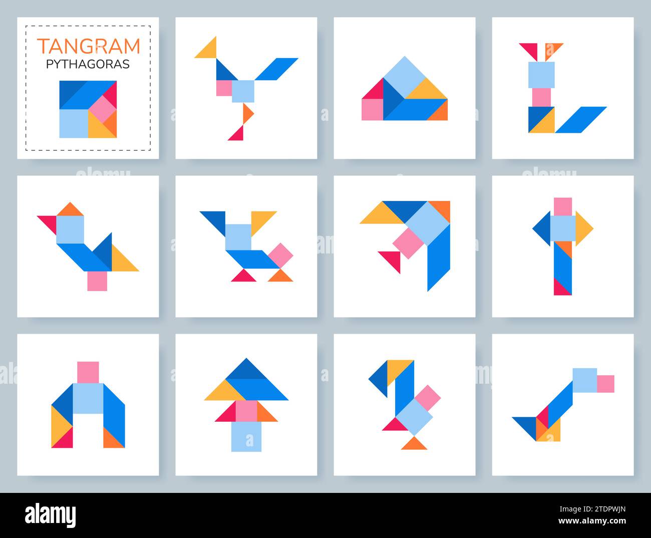 Tangram Pythagoras puzzle. Vector set with various objects. Stock Vector