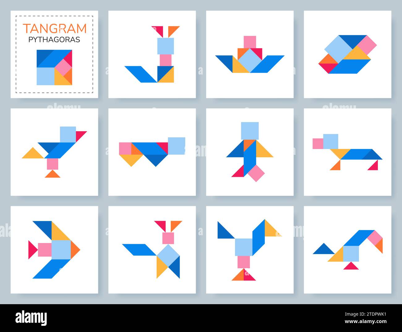 Tangram Pythagoras puzzle. Vector set with various objects. Stock Vector