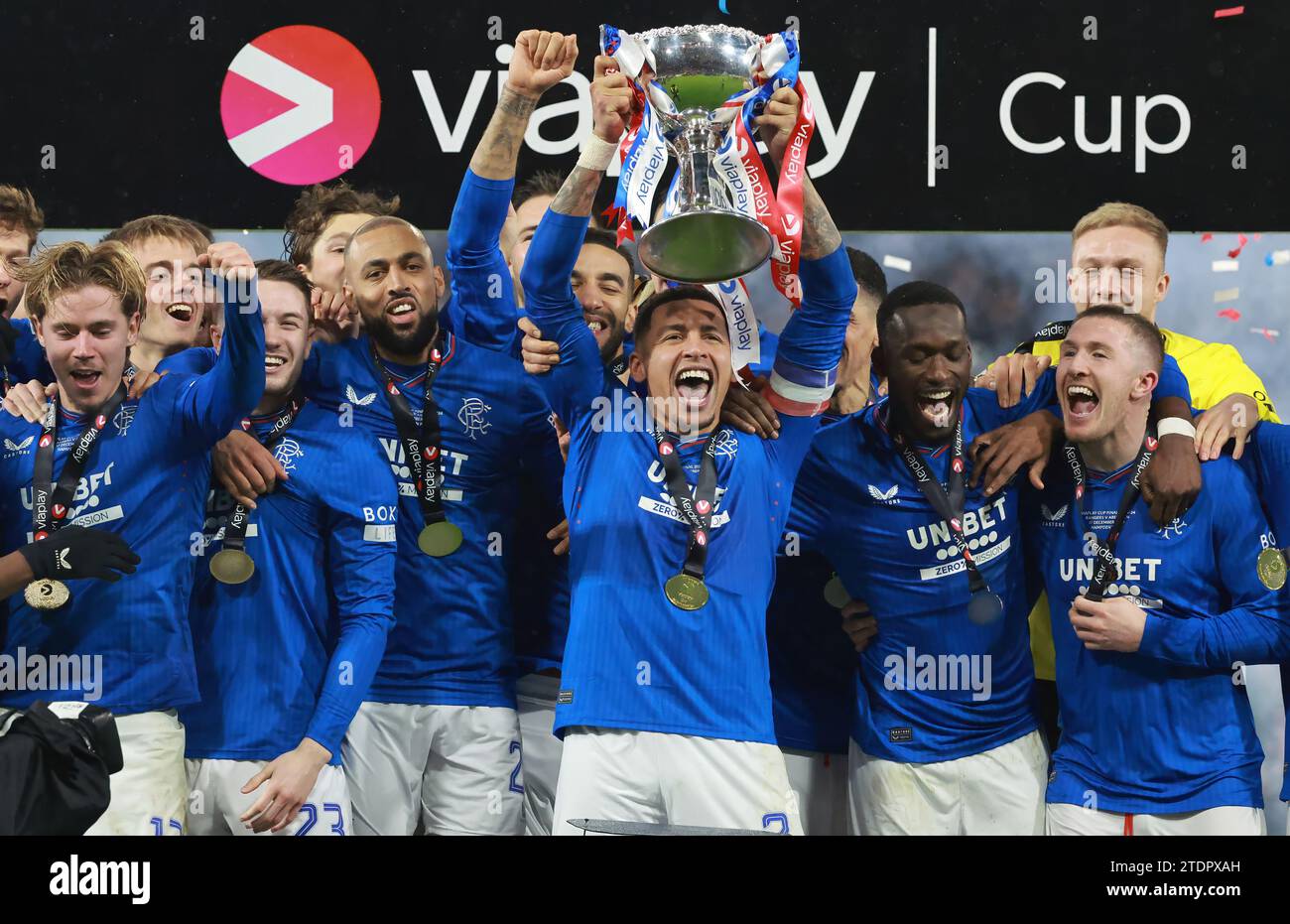 Rangers' captain James Tavernier lifts the Viaplay Scottish League Cup after the Viaplay Cup