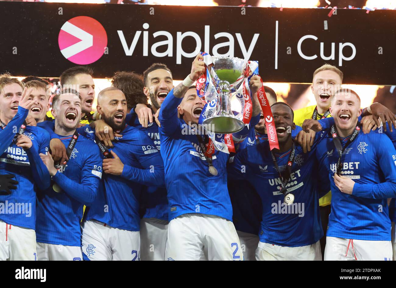 Rangers' captain James Tavernier lifts the Viaplay Scottish League Cup after the Viaplay Cup