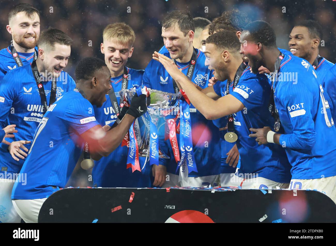 Rangers' Rabbie Matondo lifts the Viaplay Scottish League Cup after the Viaplay Cup final at