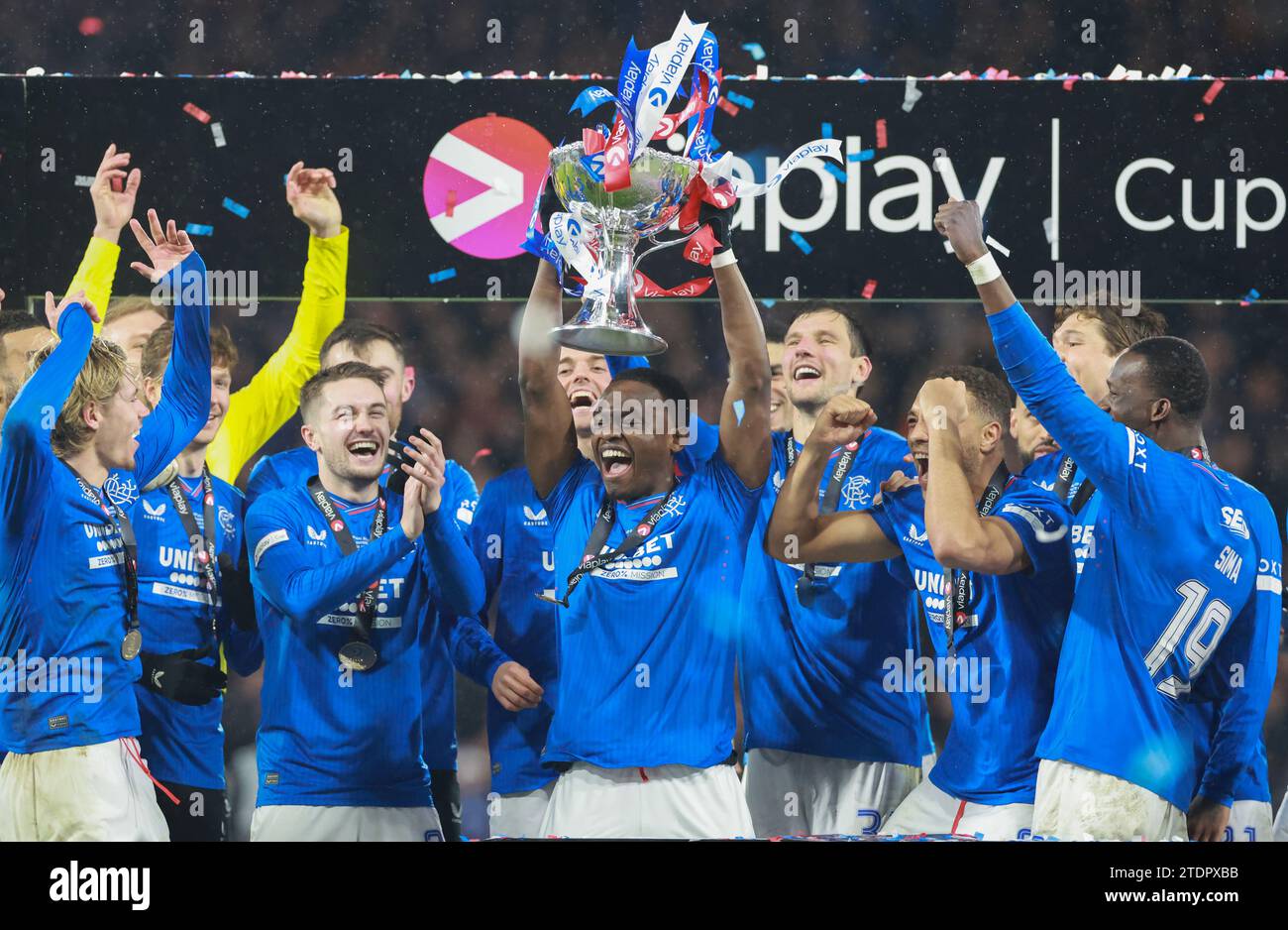 Rangers' Rabbie Matondo lifts the Viaplay Scottish League Cup after the Viaplay Cup final at