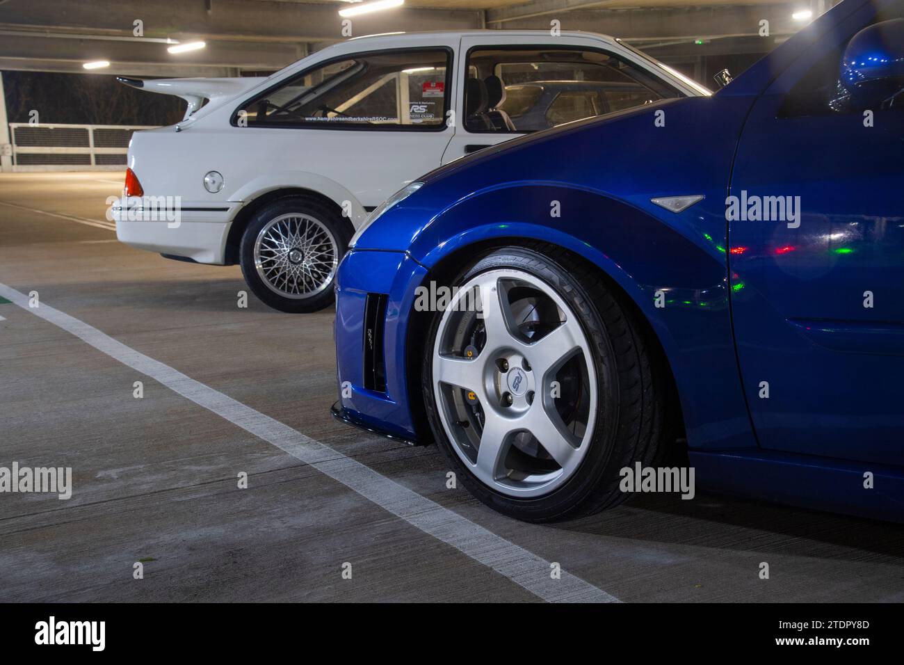 Mk1 Ford Focus RS and 3 door Ford Sierra Cosworth modern classic performance Ford cars Stock Photo