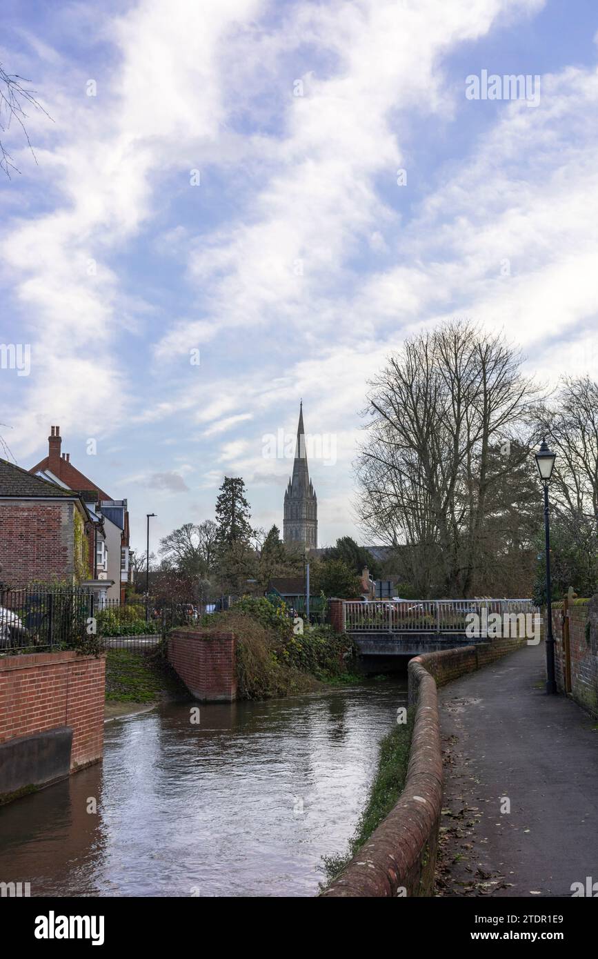 View towards Salisbury cathedral across the Avon River in Salisbury, Wiltshire, England, UK Stock Photo