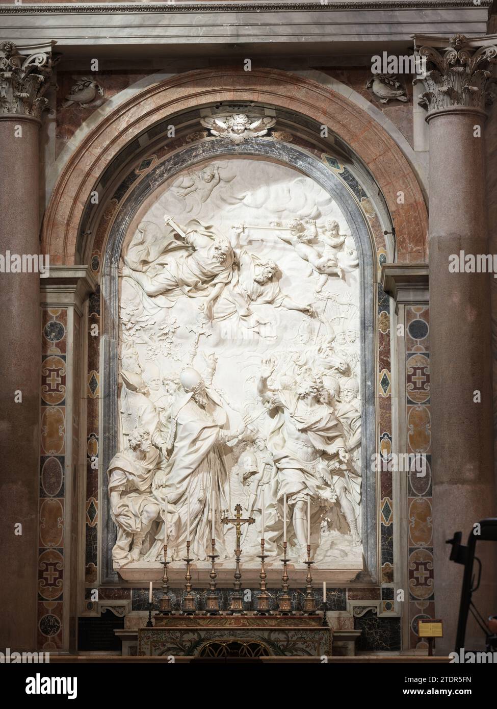 Marble altarpiece by Alessandro Algardi (1602-1625) in St Peter's basilica, Rome, Vatican, Italy, showing Pope Leo the Great with Attila the Hun. Stock Photo