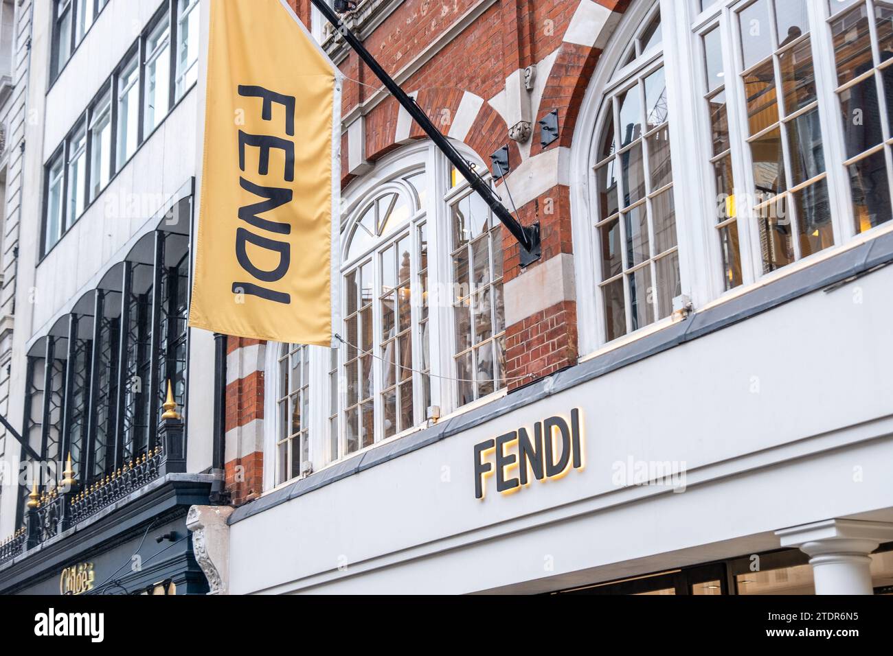 LONDON- DECEMBER 14, 2023: Fendi store on Bond Street. High-end retailer with Italian roots selling designer apparel, accessories & leather goods Stock Photo