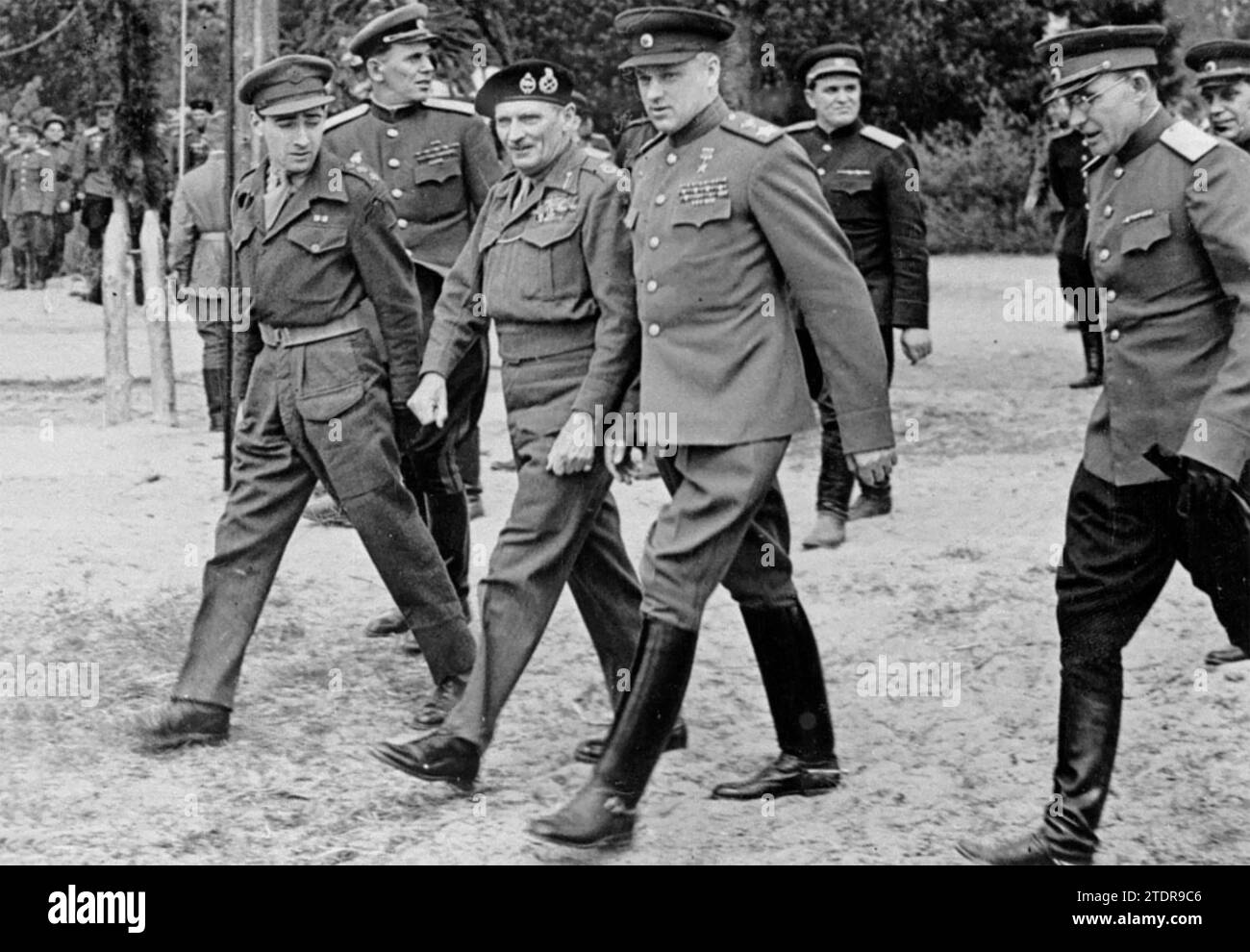 KONSTANTIN ROKOSSOVSKY Russian Red Army Commander at right with Field Marshal Bernard Montgomery during their meeting at the River Elbe 10 May 1945. Stock Photo