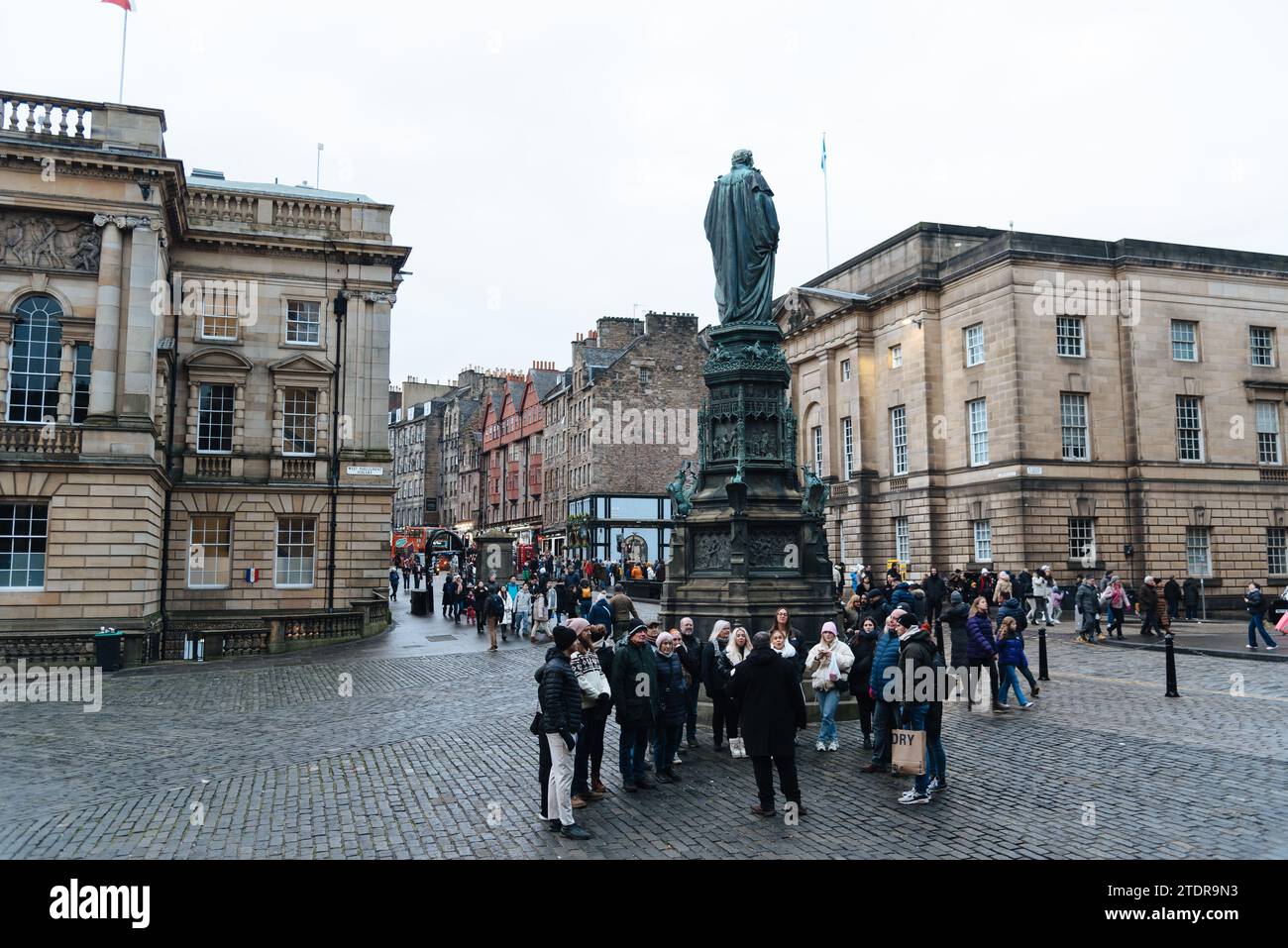 Edinburgh, UK - December 3, 2023: Statue of Walter Francis Montagu Douglas Scott in the Royal Mile during Christmas time. Parliament Square Stock Photo