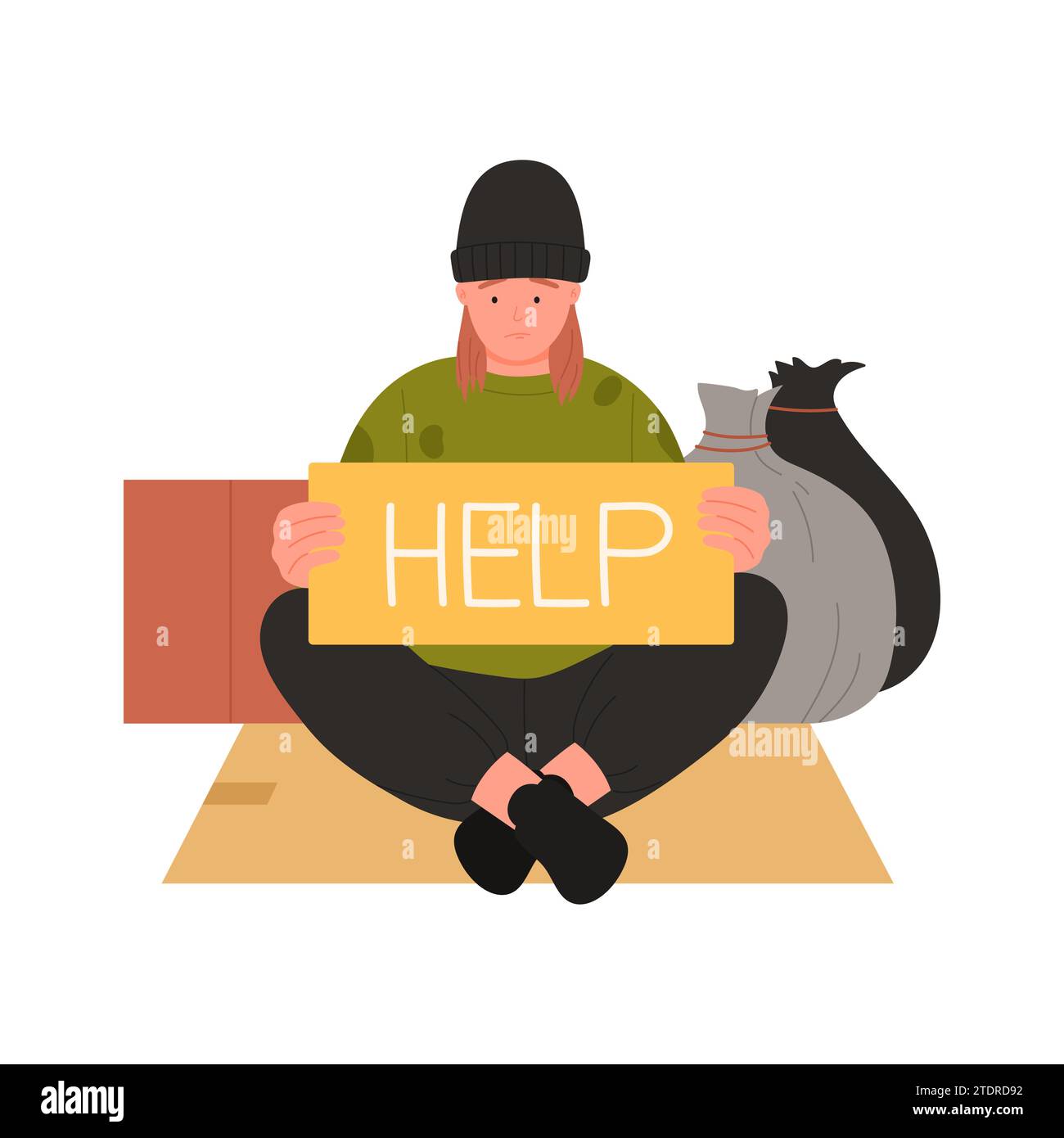 Sad homeless man with help board. Street man begging for help cartoon vector illustration Stock Vector