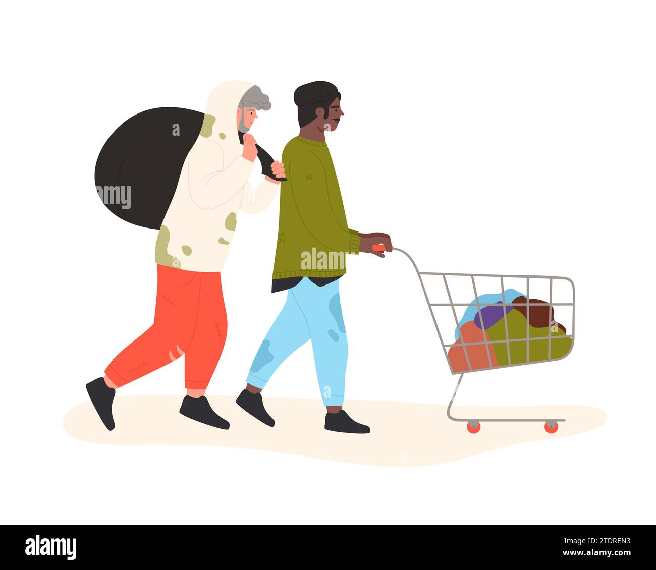 Homeless people walking with cart. Street beggars in dirty clothes cartoon vector illustration Stock Vector