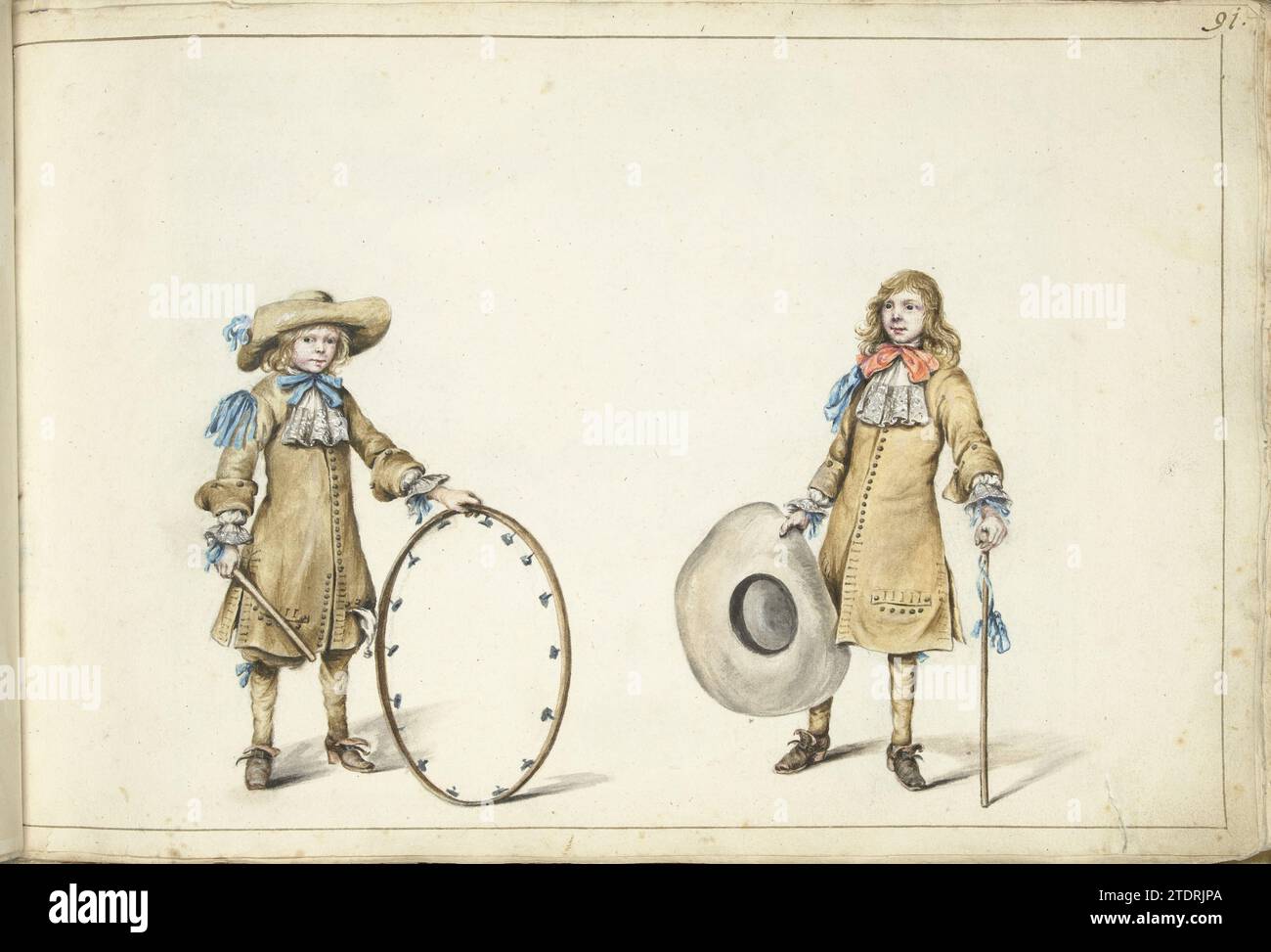Gerrit and Cornelis Schellinger as a child, c. 1675 - c. 1685 Gerrit and Cornelis Schellinger, nephews of Gesina ter Borch. Cornelis holds a hoop with loose metal particles that made sound when rolling. The oldest boy, Gerrit, wears a hat with a big edge, possibly also part of a game. Zwolle paper. chalk. watercolor (paint) brush Gerrit and Cornelis Schellinger, nephews of Gesina ter Borch. Cornelis holds a hoop with loose metal particles that made sound when rolling. The oldest boy, Gerrit, wears a hat with a big edge, possibly also part of a game. Zwolle paper. chalk. watercolor (paint) brus Stock Photo