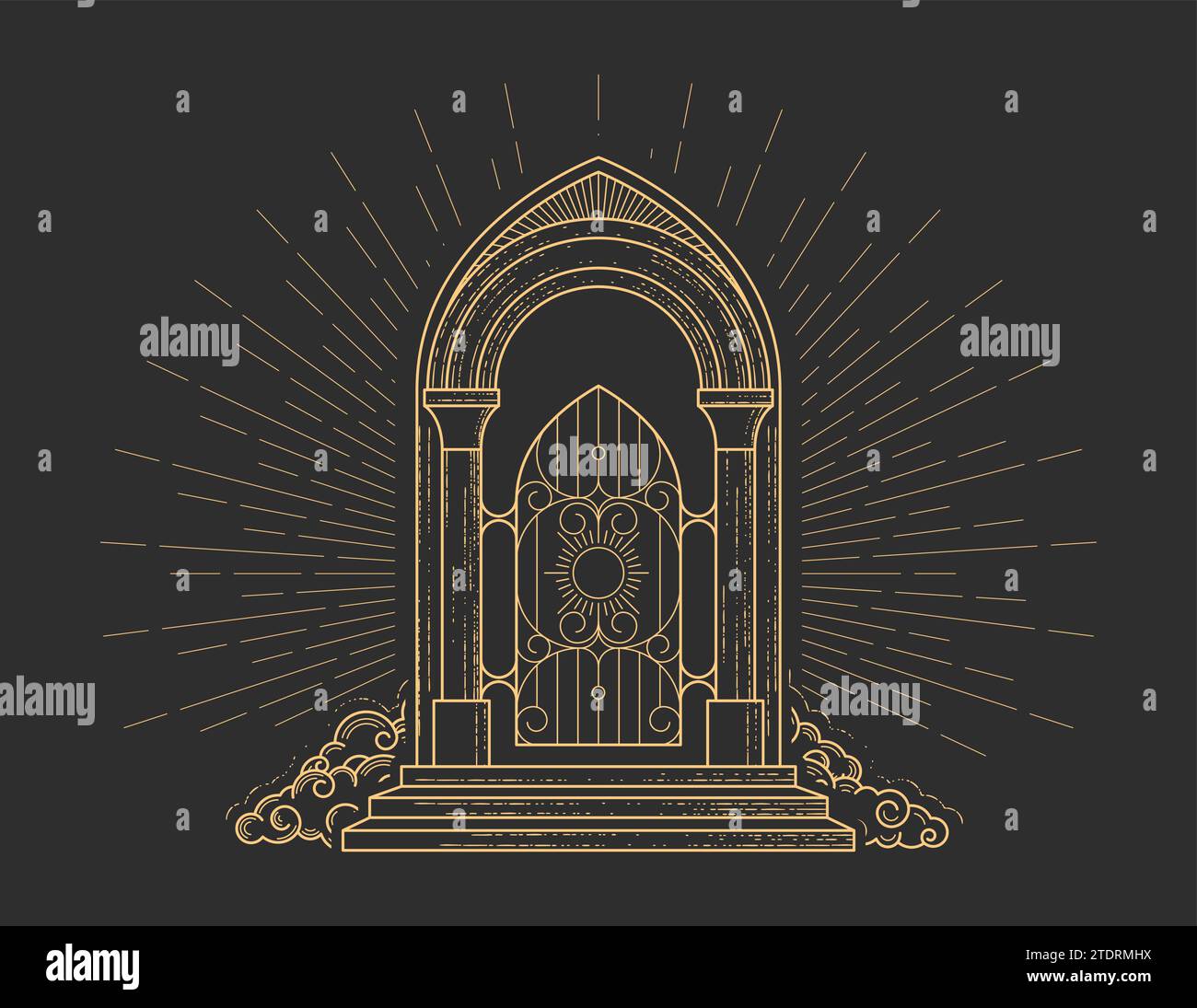 The gates of heaven, grate door to paradise in clouds, gates of hell arch, hades portal, vector Stock Vector