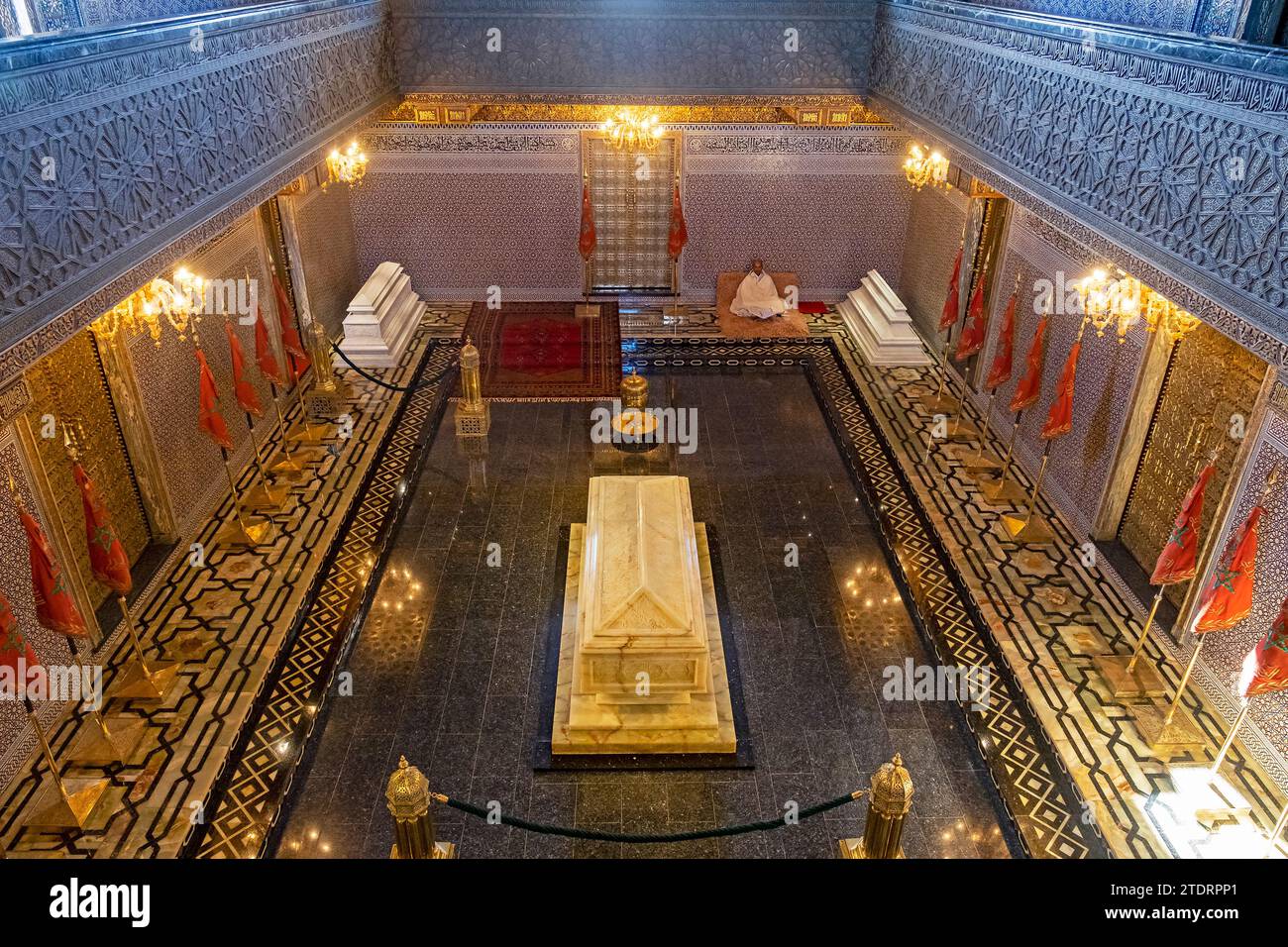 Interior of the Mausoleum of Mohammed V with tombs of his sons King Hassan II and Prince Abdallah in the city Rabat, Rabat-Salé-Kénitra, Morocco Stock Photo