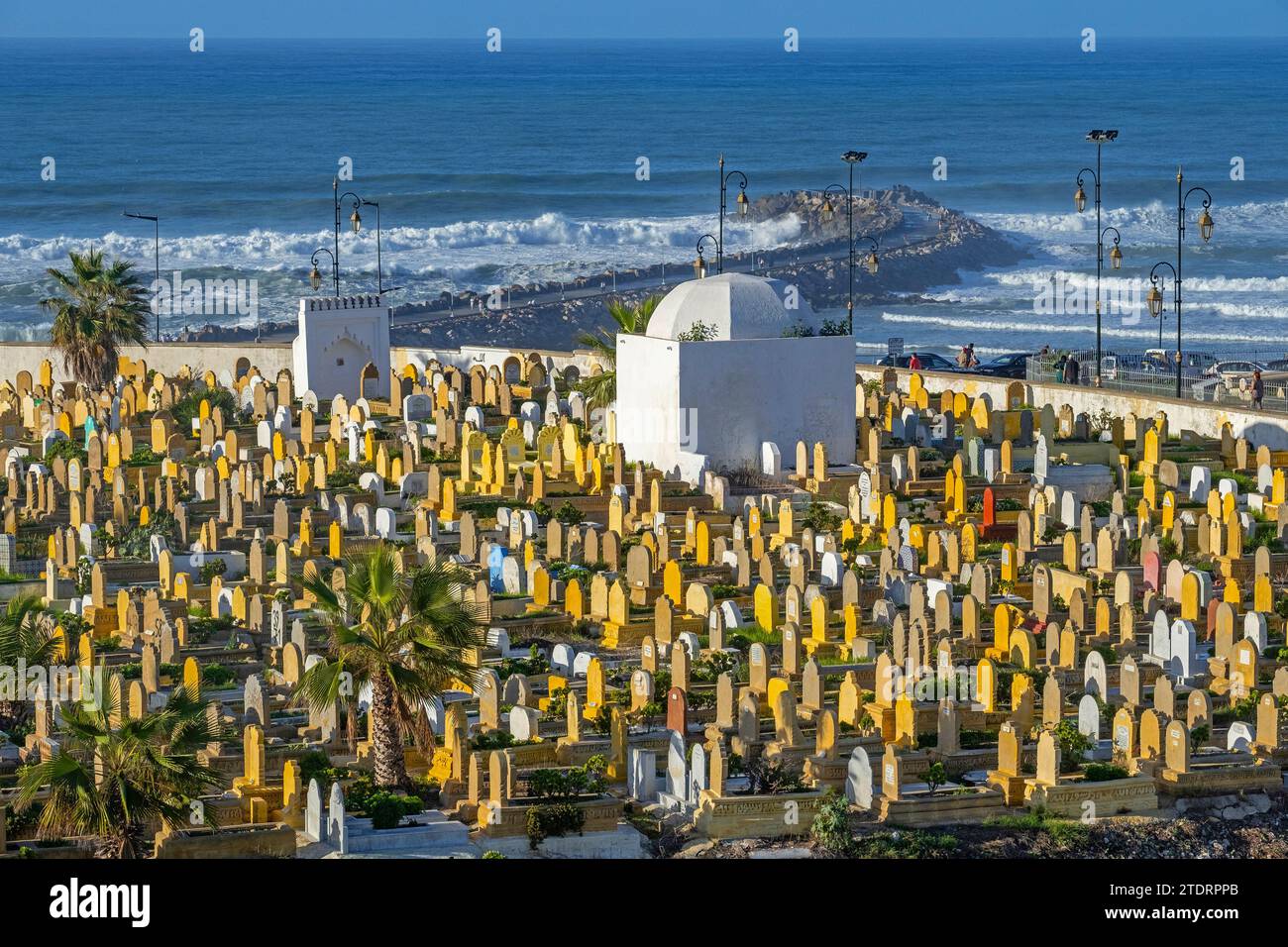 Islamic graves with headstones at the Laalou muslim cemetery with view on the Atlantic Ocean in the city Rabat, Rabat-Salé-Kénitra, Morocco Stock Photo