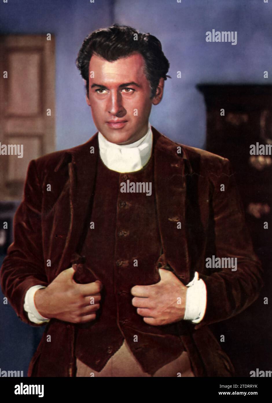 Stewart Granger stars in 'Blanche Fury' (1948), a dramatic and intense period film. Granger plays Philip Thorn, a stable hand who becomes romantically involved with Valerie Hobson's character, Blanche Fury. Set in Victorian England, the film explores themes of love, ambition, and social class. Granger's compelling performance as Thorn, a character driven by passion and ambition, adds depth and complexity to this gripping story of romance and intrigue. Stock Photo