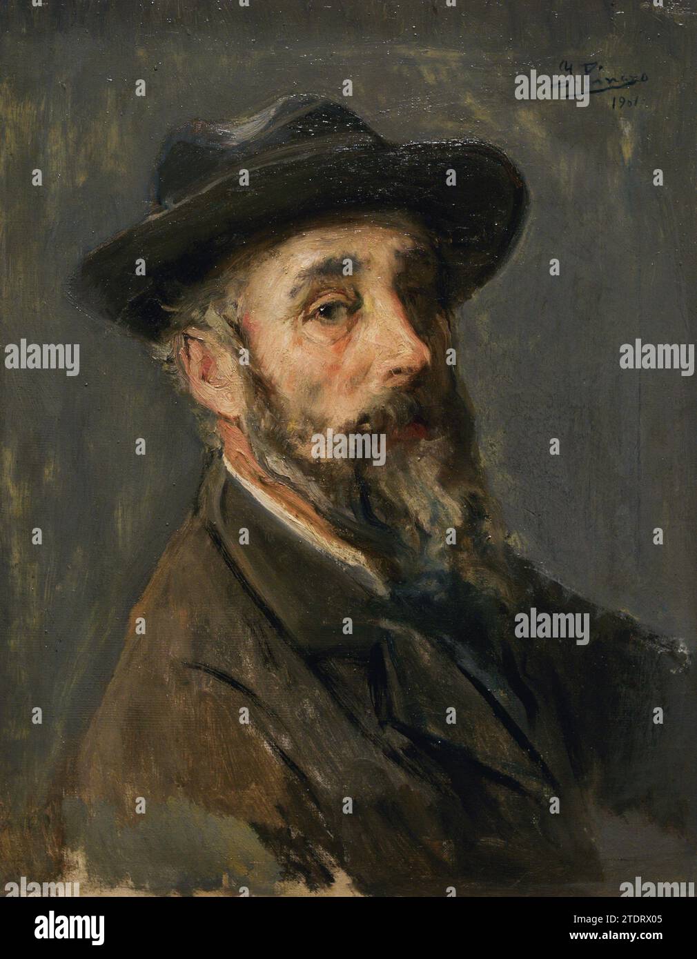 Ignacio Pinazo Camarlench (1849-1916). Spanish painter. Self-portrait with a Hat, 1901. Oil on canvas, 57 x 45 cm. Prado Museum. Madrid. Spain. Stock Photo