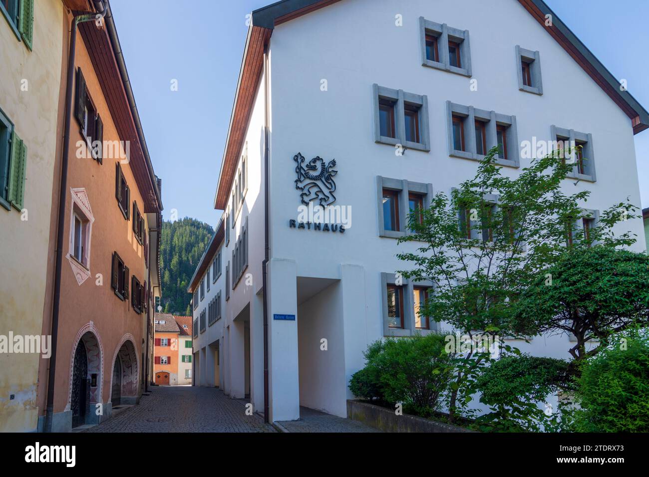 Thusis: Town Hall in Viamala, Graubünden, Grisons, Switzerland Stock Photo