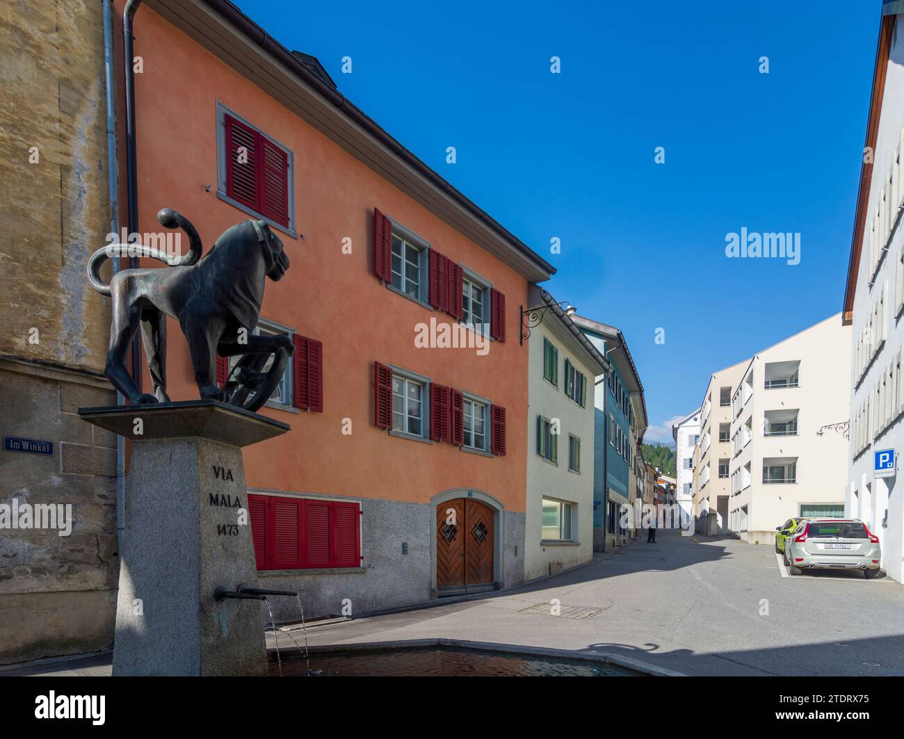 Thusis: Old Town, Via Mala fountain in Viamala, Graubünden, Grisons, Switzerland Stock Photo
