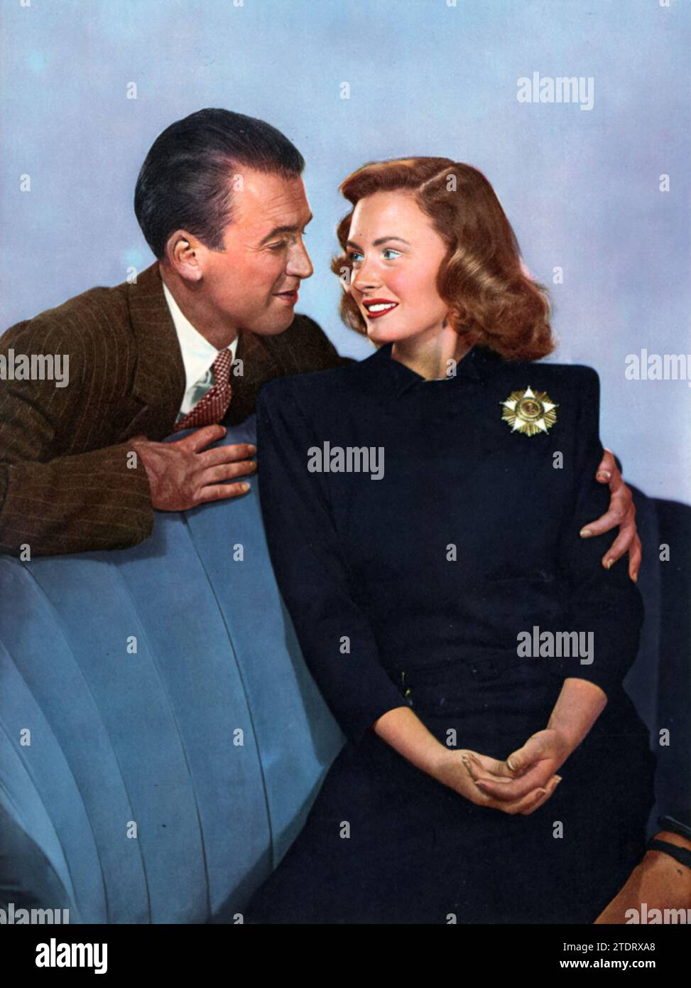 Portrait of James Stewart and Donna Reed, both co-stars in the iconic film 'It's a Wonderful Life' (1946). Directed by Frank Capra, this timeless classic tells the touching story of George Bailey, portrayed by Stewart, who gets a glimpse of what the world would have been like without him, thanks to an angel named Clarence. Reed, playing the role of Mary Hatch, is George's loving and supportive wife. The film's heartfelt message and the undeniable chemistry between Stewart and Reed have solidified its place as a beloved holiday favorite for generations. Stock Photo