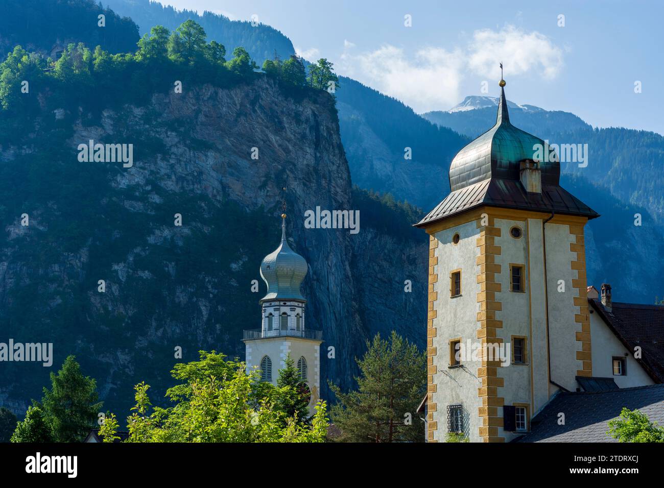 Thusis: Schlössli Castle, Protestant church in Viamala, Graubünden, Grisons, Switzerland Stock Photo