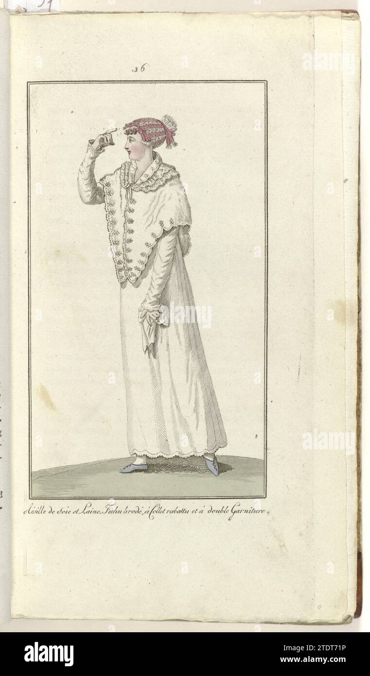 Elegantia, or magazine of fashion, luxury and taste for women, February 1808, no. 36: Résille de Soie et Line ..., Anonymous, 1808 According to the accompanying text (p. 64): 'Grand Négligé'. 'Résille' (Haarnet) of silk and wool. Embroidered fichu with collar and double garnishes. Print from the fashion magazine Elegantia, or magazine of fashion, luxury and taste for ladies 1807-1814 (interrupted by the period 1811-1813). Amsterdam paper engraving According to the accompanying text (p. 64): 'Grand Négligé'. 'Résille' (Haarnet) of silk and wool. Embroidered fichu with collar and double garnishe Stock Photo