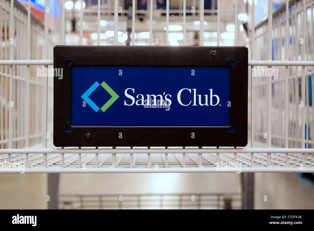 Honolulu, HI - December 15, 2023: Sam's West, Inc. tradenamed as Walmart owned wholesaler Sam's Club name brand logo closeup on store interior shoppin Stock Photo