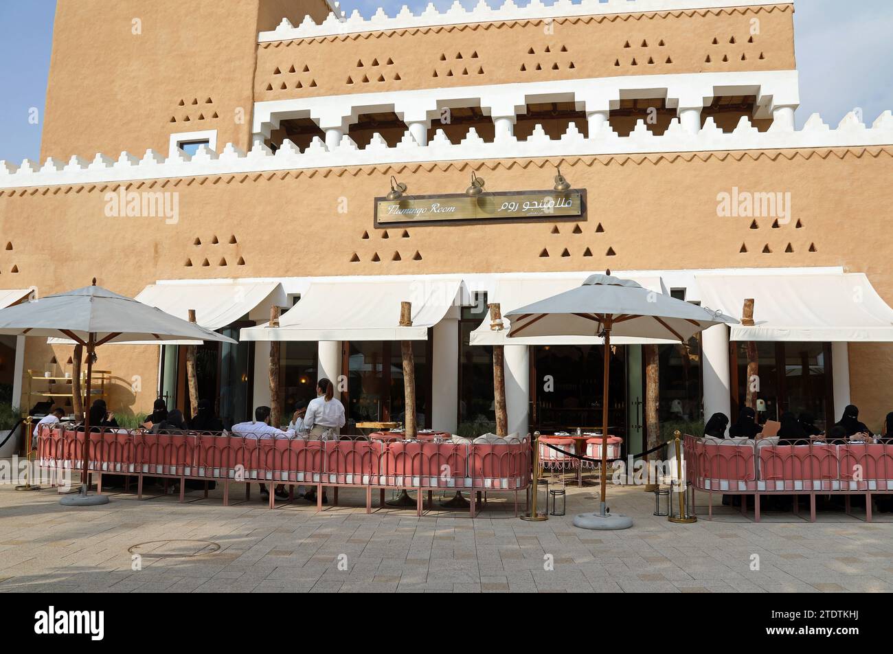 Diners at the Flamingo Room restaurant in Diriyah Stock Photo