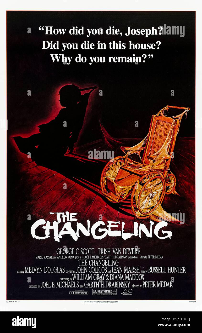 The Changeling (1980) directed by Peter Medak and starring George C. Scott, Trish Van Devere and Melvyn Douglas. After the death of his wife and daughter in a car crash, a music professor staying at a long-vacant Seattle mansion is dragged into a decades-old mystery by an inexplicable presence in the mansion's attic.Photograph of an original 1980 us one sheet poster ***EDITORIAL USE ONLY***. Credit: BFA / Associated Film Distribution Stock Photo