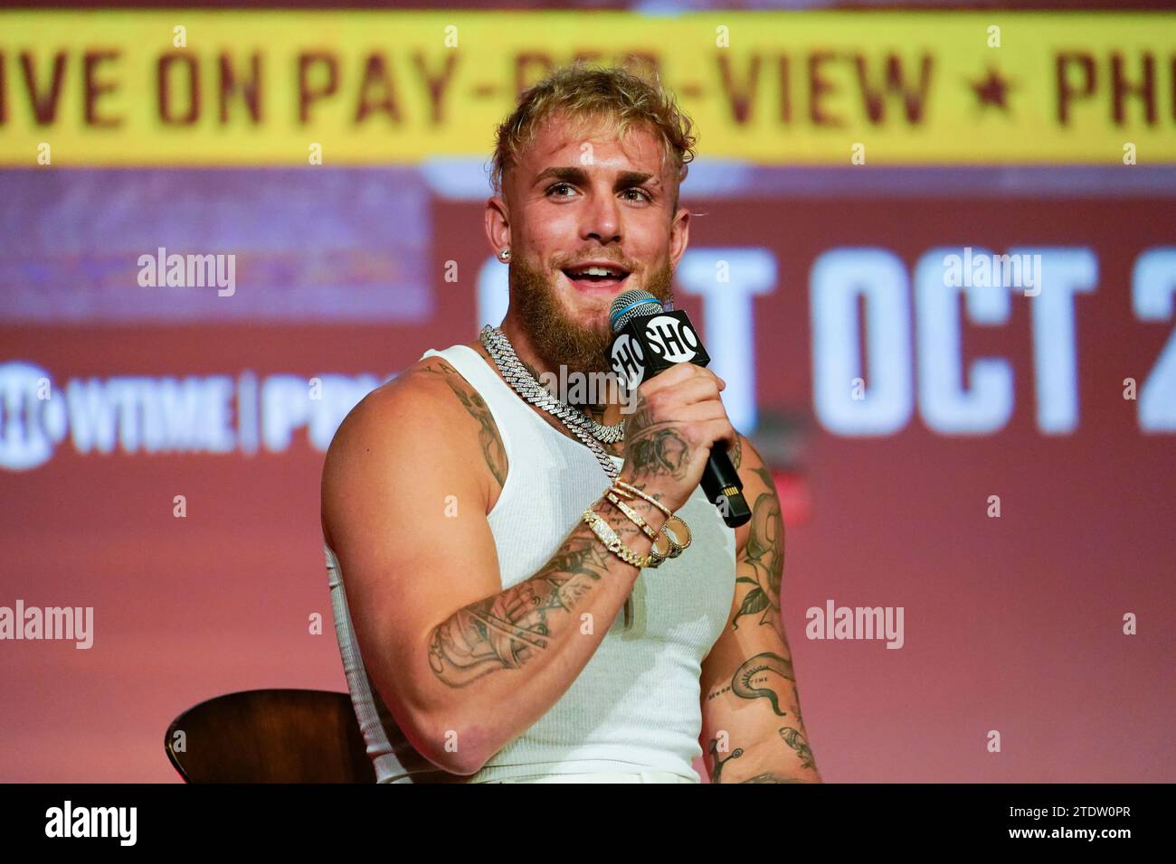 FILE - Jake Paul speaks during a news conference Monday, Sept. 12, 2022 ...