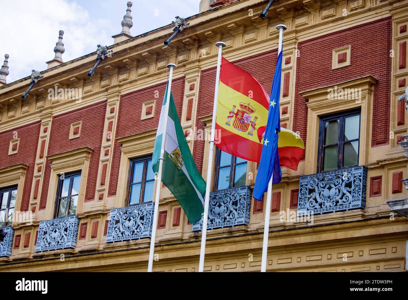The European Union flags of Spain and Sevilla are flying against the ...