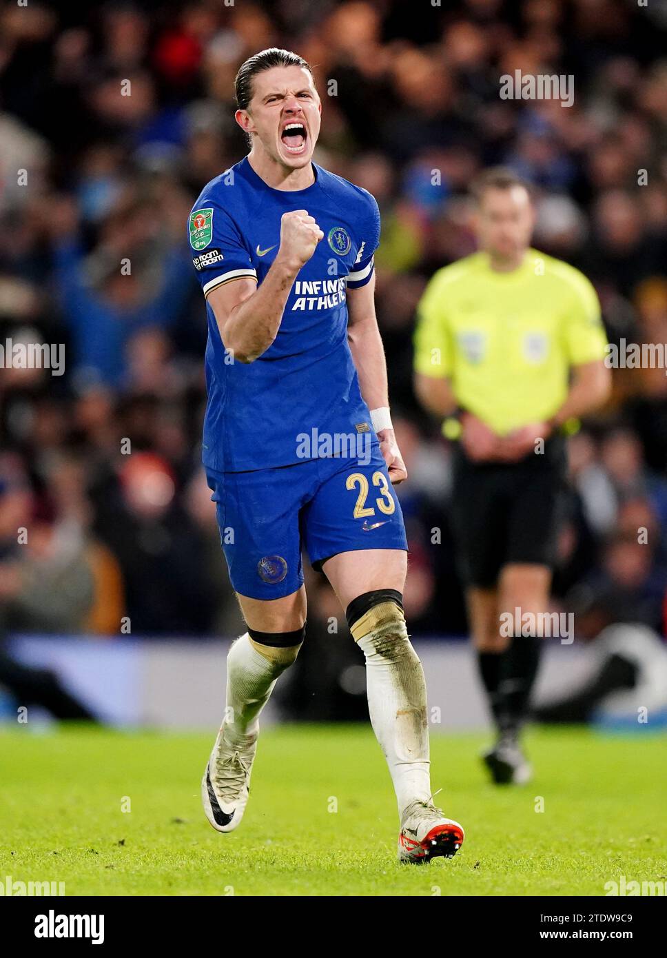 Chelsea's Conor Gallagher celebrates scoring in the penalty shoot out during the Carabao Cup quarter final match at Stamford Bridge, London. Picture date: Tuesday December 19, 2023. Stock Photo