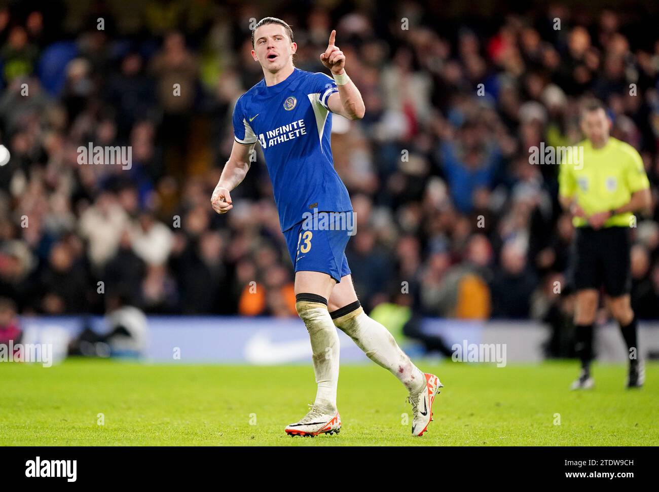 Chelsea's Conor Gallagher celebrates scoring in the penalty shoot out during the Carabao Cup quarter final match at Stamford Bridge, London. Picture date: Tuesday December 19, 2023. Stock Photo