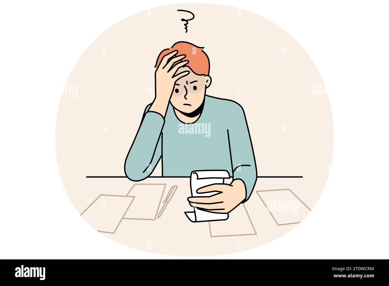 Confused young man sit at table frustrated with bills and expenses. Unhappy guy look at receipts shocked distressed with expenditure and taxes. Vector illustration. Stock Vector