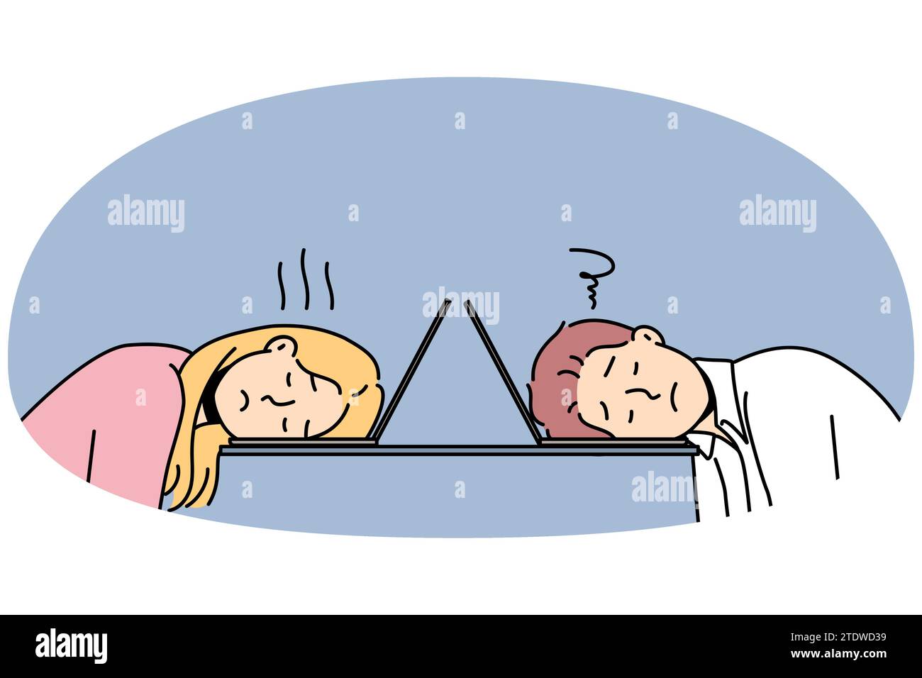 Tired couple sit at table fall asleep during computer work. Exhausted ...