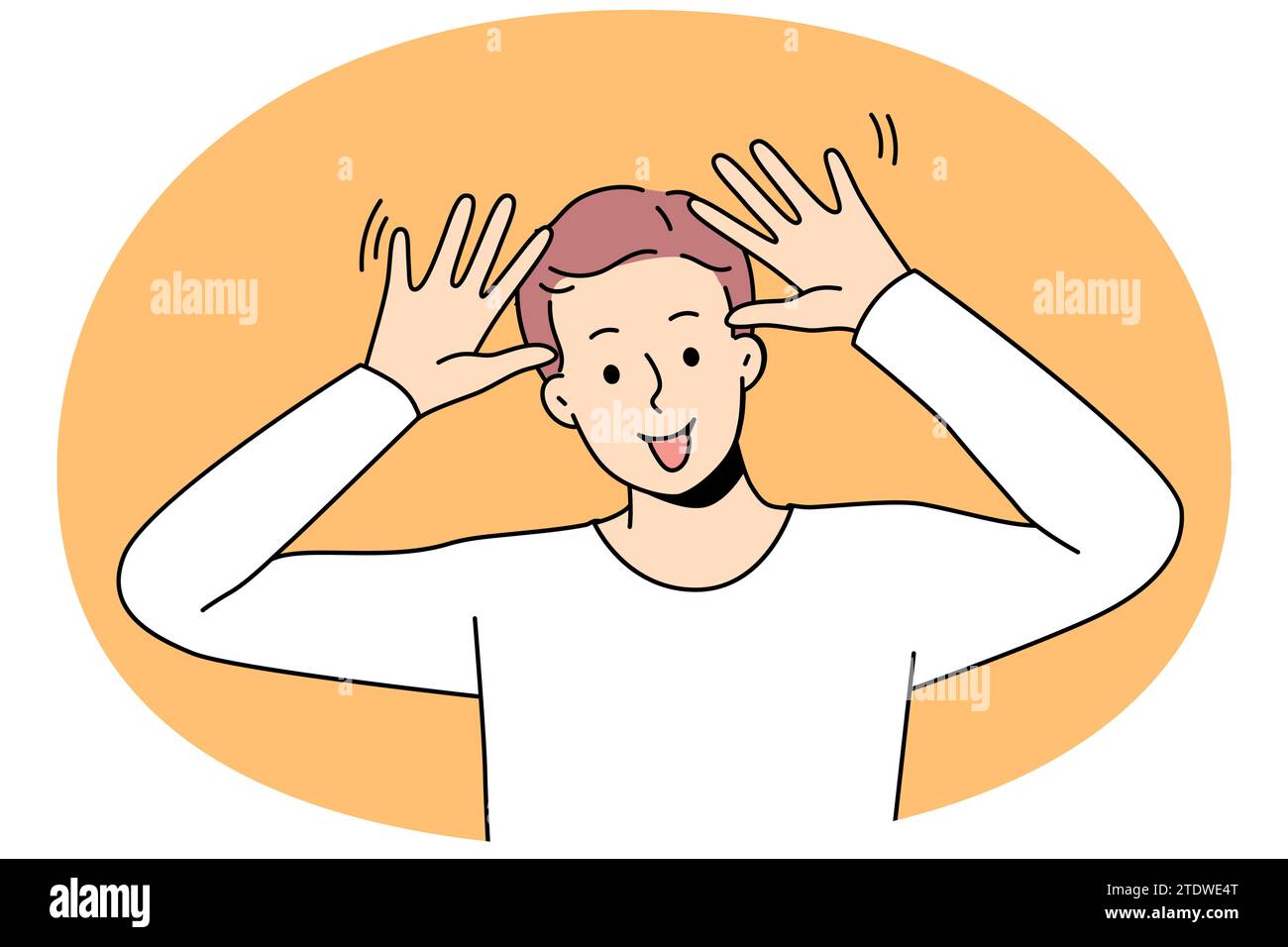 Overjoyed guy make funny face feeling joyful and positive. Smiling boy have fun show playful facial expression. Vector illustration. Stock Vector