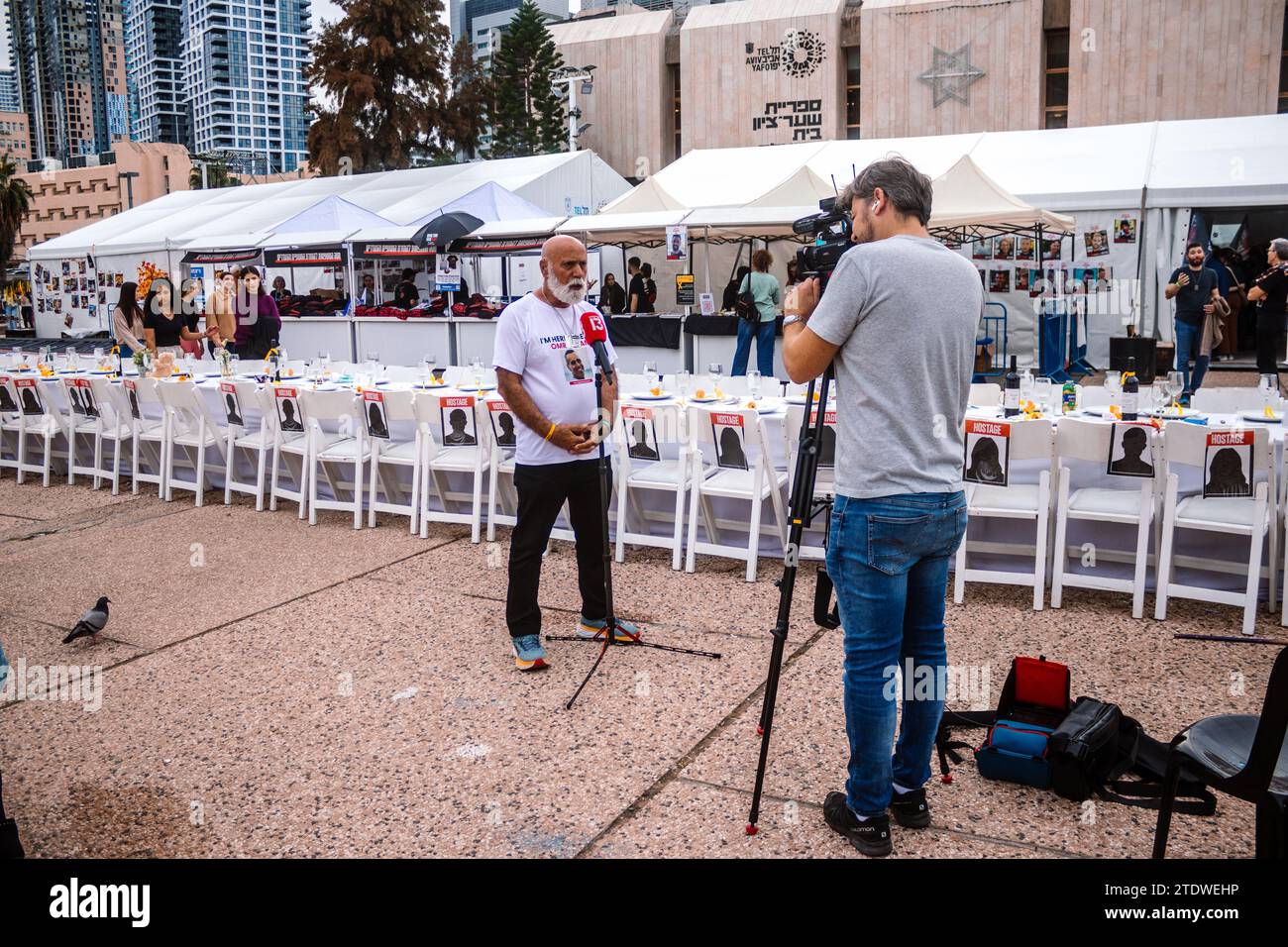 Tel Aviv, Israel - December 17, 2023 The father of Omri MIRAN, who was kidnapped by Hamas the October 7 terrorist attack, is interviewed by the televi Stock Photo