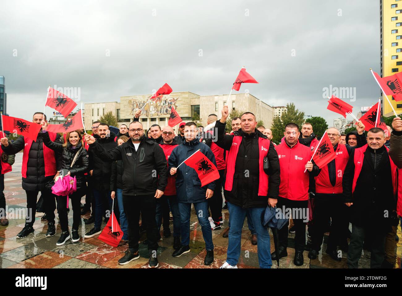 Tirana, Albania - November 28, 2023: In Skanderbeg Square on a rainy
