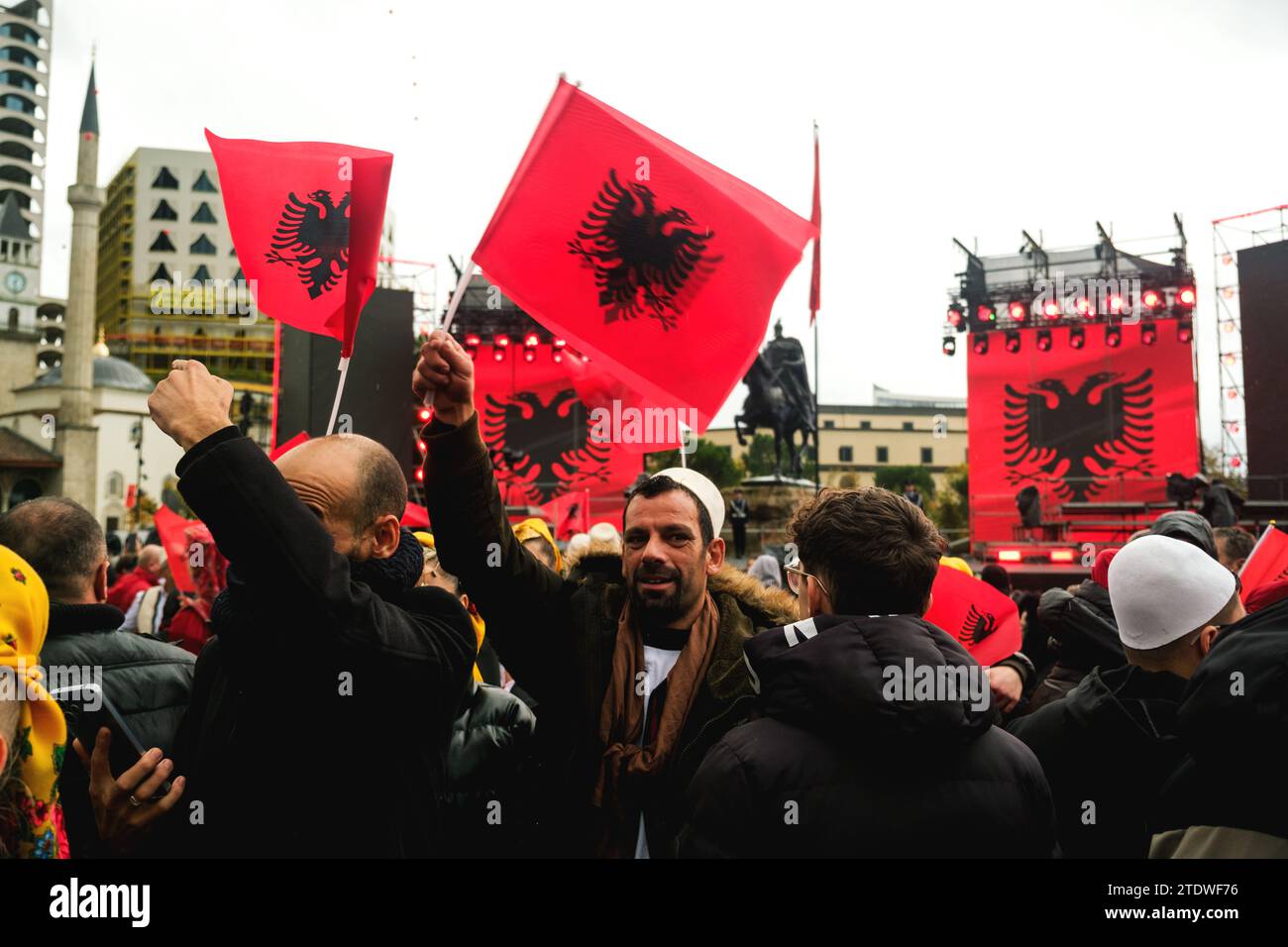 Tirana, Albania - November 28, 2023: In Skanderbeg Square on a rainy