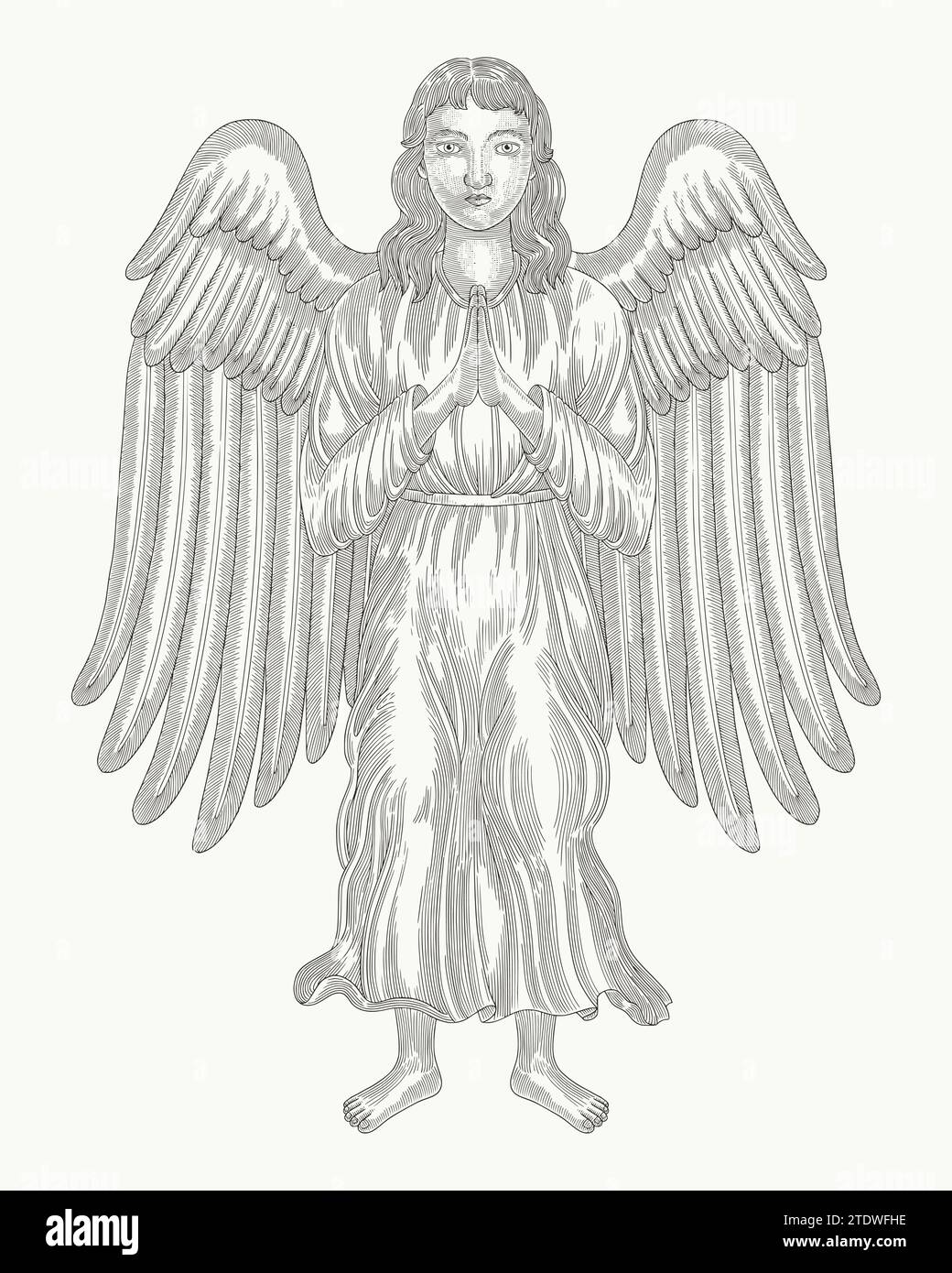Angel greets or prayng, Vintage engraving drawing vector illustration Stock Vector