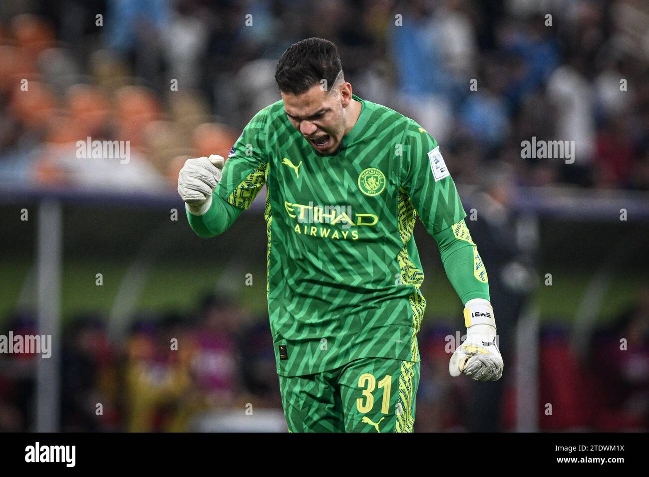 Jeddah, Saudi Arabia. 19th Dec, 2023. King Abdullah Sports City Goalkeeper Ederson Moraes of Manchester City celebrates after Manchester City score during the FIFA Club World Cup Semi Final between Urawa Reds of Japan and Manchester City of England at the King Abdullah Sports City Stadium in Jeddah, Saudi Arabia. City won the game 3-0 and will play Fluminense of Brazil in the final on Friday. (Alexandre Neto/SPP) Credit: SPP Sport Press Photo. /Alamy Live News Stock Photo