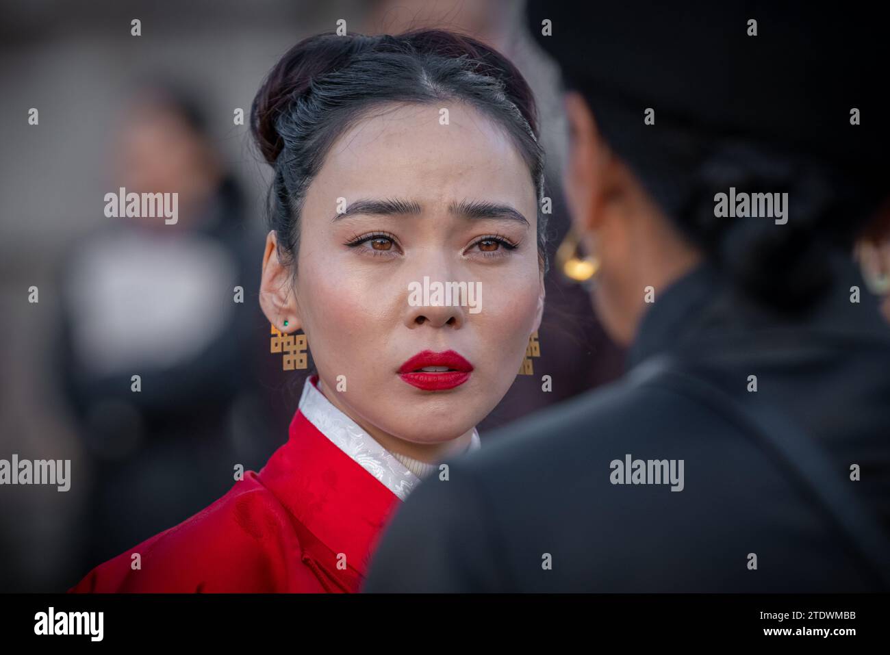 Performers from The Mongol Khan production perform in Trafalgar Square ahead of the show opening, London, UK. Stock Photo