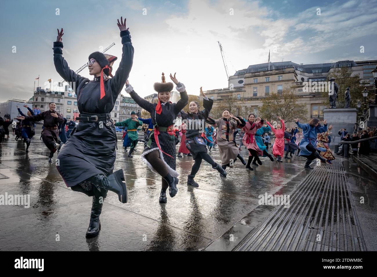 Performers from The Mongol Khan production perform in Trafalgar Square ahead of the show opening, London, UK. Stock Photo