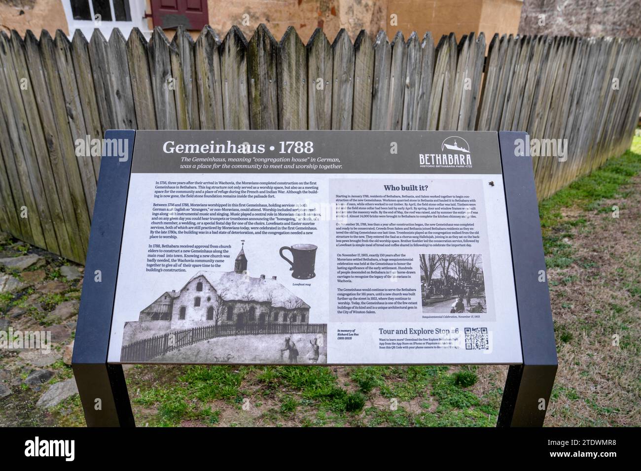 Information sign for Gemeinhaus, place for meeting and worship, at the Moravian settlement in Historic Bethabara Park; Winston Salem, North Carolina. Stock Photo