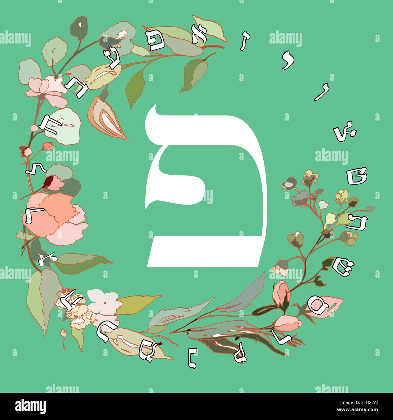Vector illustration of the Hebrew alphabet with floral design. Hebrew letter called Peh white on green background. Stock Vector